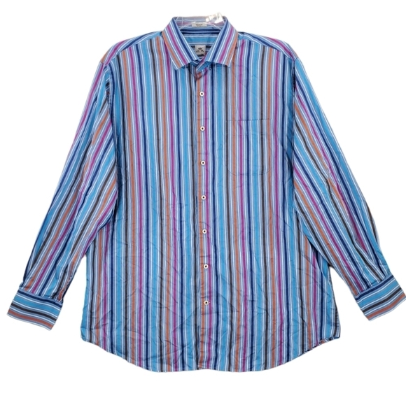 Peter Millar Shirt Mens XL Blue Pink White Striped Long Sleeve Button Up Cotton - Picture 12 of 13